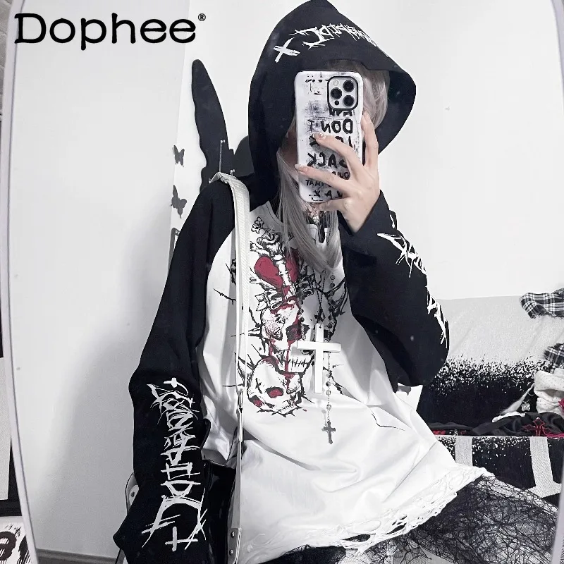 

Новая женская футболка в стиле Dark Lolita (Япония), весна 2026, с капюшоном, свободного кроя, с длинным рукавом, в стиле Y2K, для субкультур