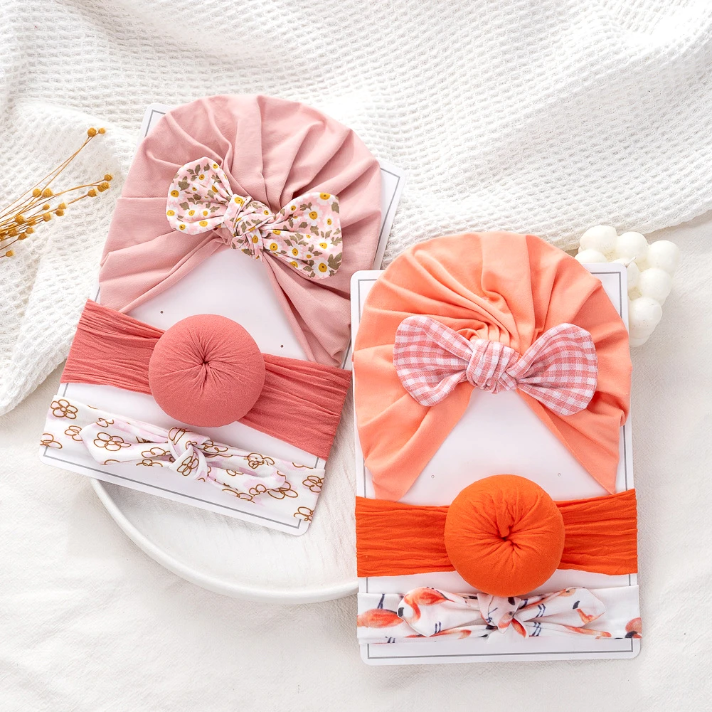 

1set Newborn Cotton Beanie Hat Sets Floral Print Rabbit Bow Knot Headband Baby Girl Nylon Donut Headbands Baby Headwrap Headwear