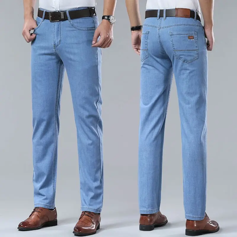 2026 Spring Summer New Ice Silk Thin Denim Jeans For Men Blue Straight Stretch Cotton Pants Business Casual Lightweight Trousers