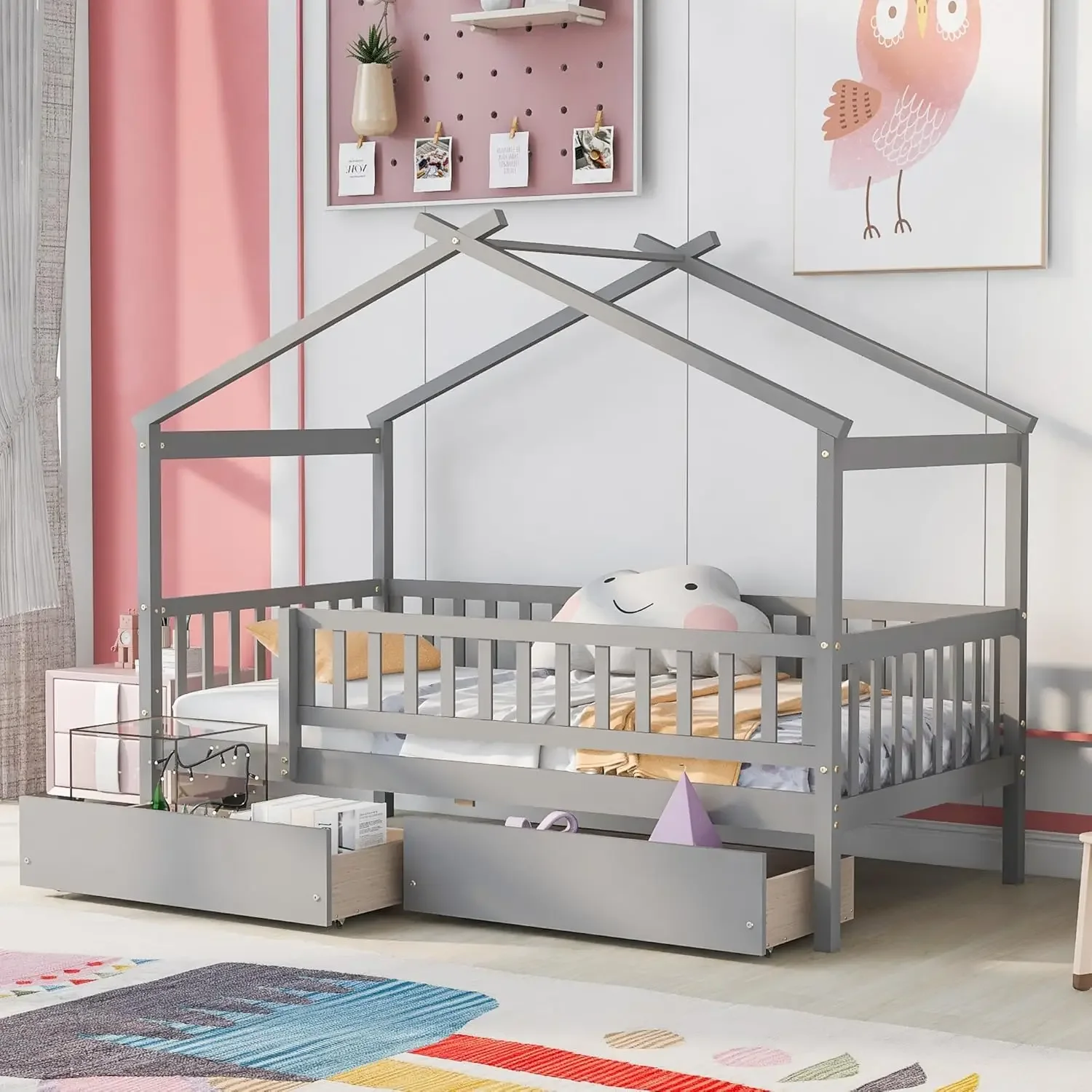 

Twin Bed Frame For Kids, Wood House Bed With 2 Drawers, Montessori Platform Bed With Roof And Fence For Boys Girls, Gray,