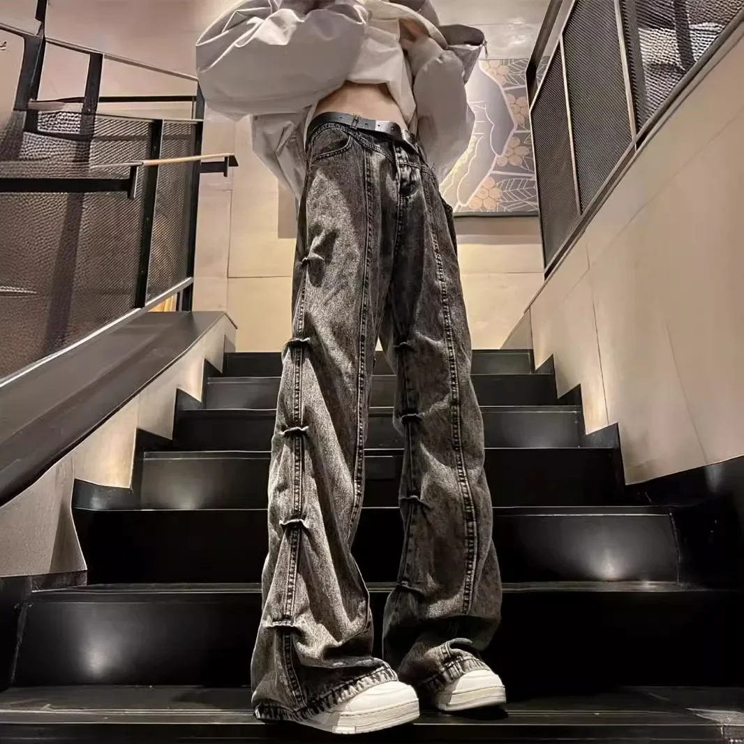 American Vintage New Fashion Men's Casual Trendy Loose Pleated Simple Basic Wide Leg Straight Denim Trousers Male Jeans Pants