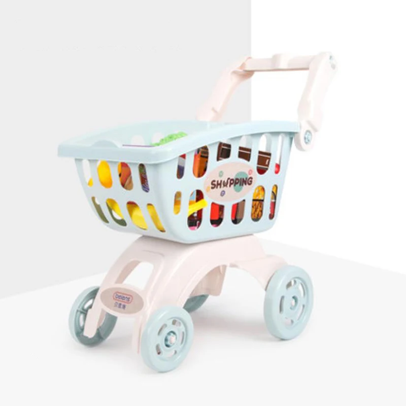 Kids Large Supermarket Shopping Cart Trolley Push Car Toys Basket Simulation Fruit Food Pretend Play House Girls Toy Gift