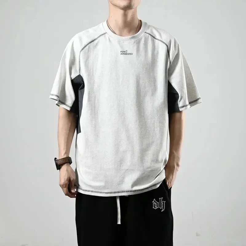 Trendy Short Sleeved T-shirt Men's Simple Summer Cotton Half Sleeved Top Japanese Patchwork Sports Casual T-shirt Fitness Design