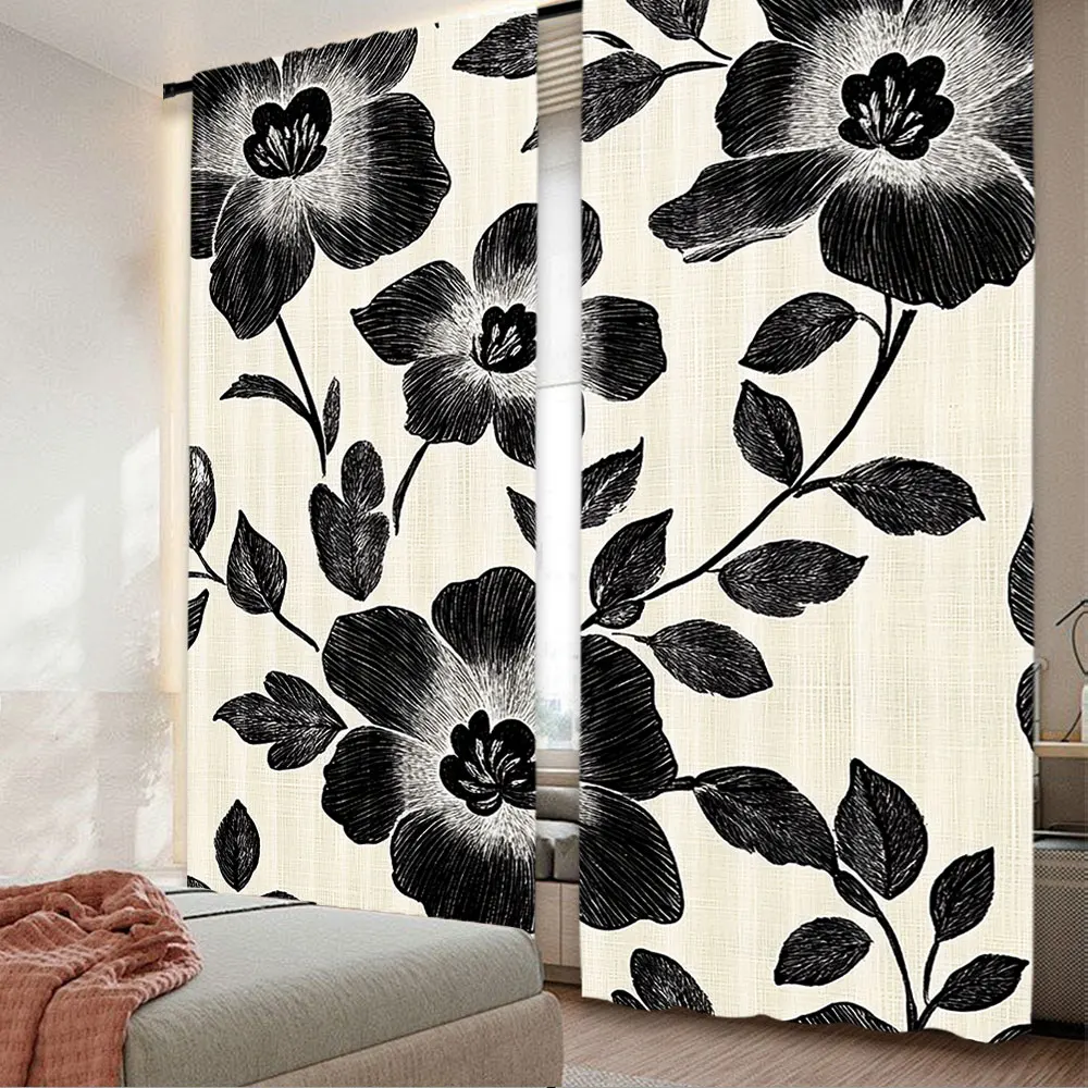 

2Pcs Black Boho Cute Retro Floral Curtain Vintage Matisse Flower Leaves For Bedroom Living Room And Dining Room 29.53X65.35In,