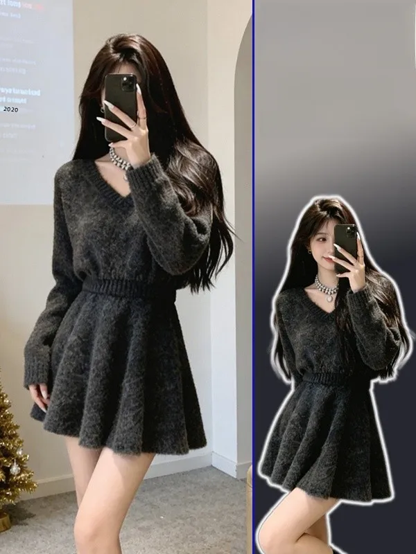 

plus Size Women's V-Ne ort Sweater Vest Top with A-Line Skirt Faionable Spring Set Casual Comfortable Knitwear