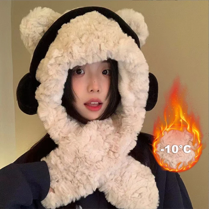 لطيف الدب مع سماعة قبعة أزياء الشتاء قبعة تدفئة وشاح مجموعة سميكة أفخم غطاء للأذنين للفتيات Kawaii في الهواء الطلق الطقس البارد