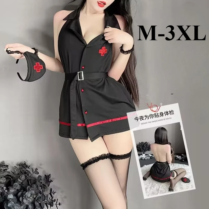 

Large Size Women Nurse Lingerie Uniform Sexy Backless Halter Neck Hollow Butt Dress Erotic Porno Roleplay Naughty Maid Babydolls