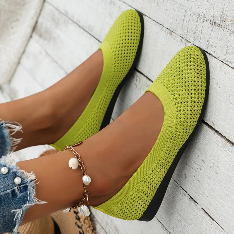 2023 Spring and Autumn New Fashion Round Head Solid Light Mouth Candy Mesh Breathable Large Women\'s Flat Shoes Single Shoe