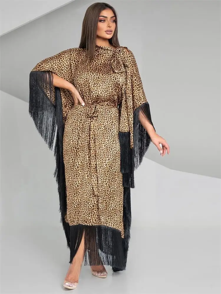 

Вечернее платье с леопардовым принтом и кисточками, платье с поясом в стиле пэчворк, саудовские африканские женские Abayas, марокканский дуаби, Арабский кафтан, мусульманская одежда