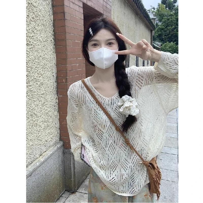 

Женская вязаная накидка n Lazy Sle, свободная верхняя одежда с v-образным вырезом и бриллиантами, летний солнцезащитный топ