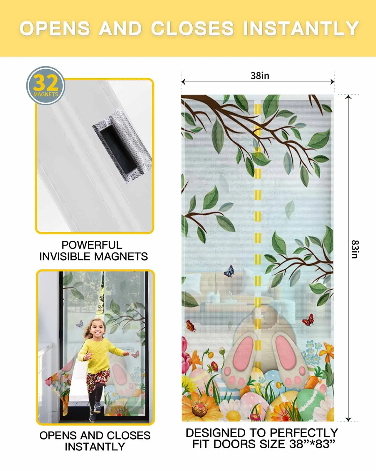 Easter Eggs Bunny Butt Flowers Leaves Summer Magnetic Door Curtain Living Room Bedroom Home Anti-mosquito Screen Door Curtain