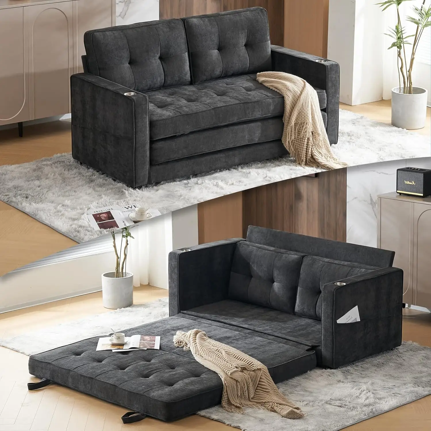 Futon Sofa Bed Thick Upholstery Chenille Loveseat Sofa Sleeper Pull Out Couch Convertible Floor Couch for Living Room Bedroom