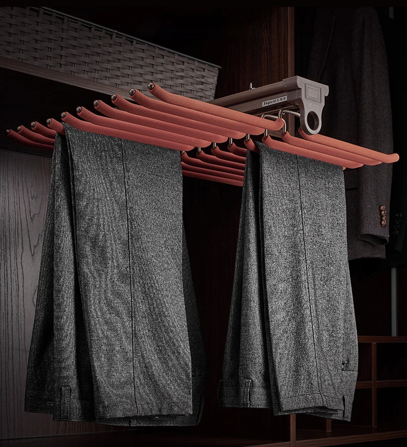 Wardrobe pull-out anti slip pants rack,damping slide rail,Top/side mounted hanging pants telescopic rack double/single row