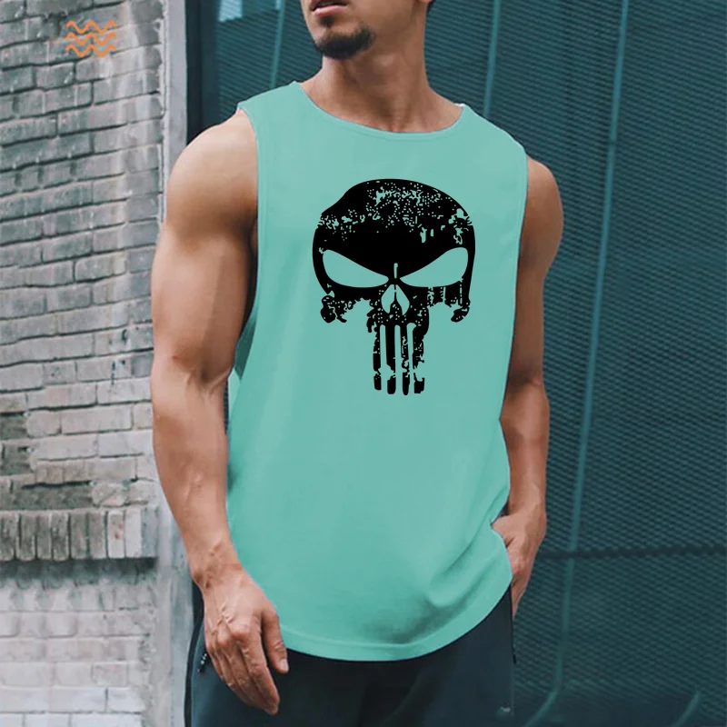 Men\'s Skull Print Tank Top gym shirt clothing Breathable Basketball Training Sportswear Outdoor quick-drying Fitness vest