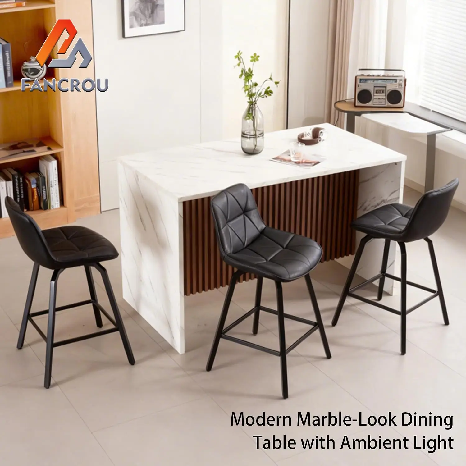 59" Marble Dining Table for 4-6 People, Modern Kitchen Island Table with Grille & LED Lights, White, Customized image 6