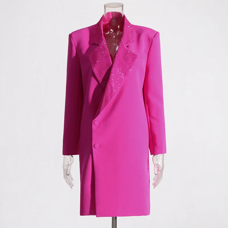 HKSH Spring Autumn New Women Long Blazer Solid Color Studded Diamonds Single Breasted Elegant Chic Ins Party Trench Coat HK16277