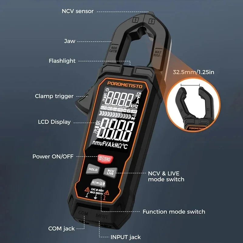 POROMETISTO Digital Clamp Meter Multimeter 9999 Counts 600V 600A AC/DC Current Temp Capacitance Ohm Hz Voltage Tester Plier