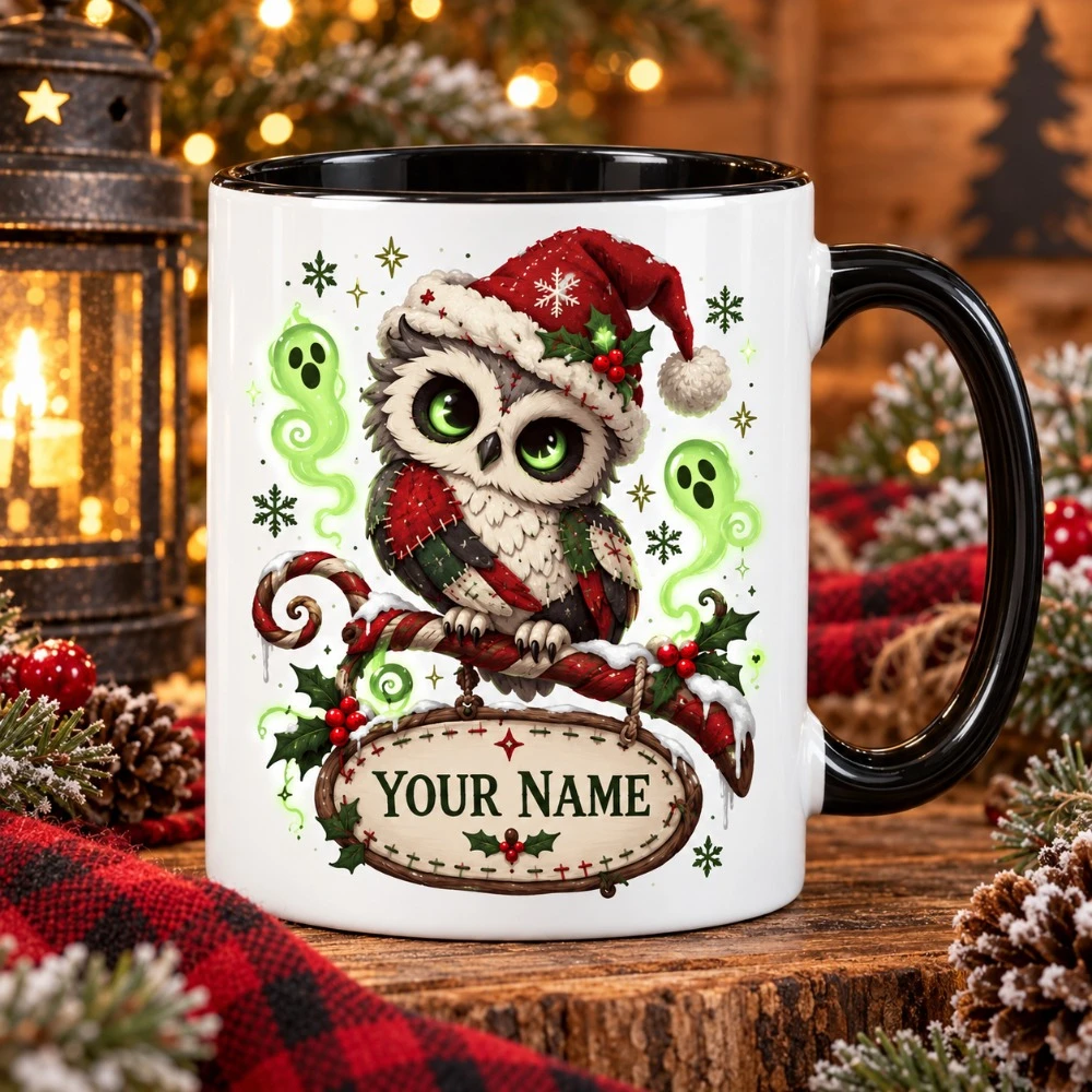 2D Flat Printing 1pc 11oz Custom Name Christmas Owl Mug, Christmas Home Gift For Friend, Hand Wash Only Microwave Safe, Water