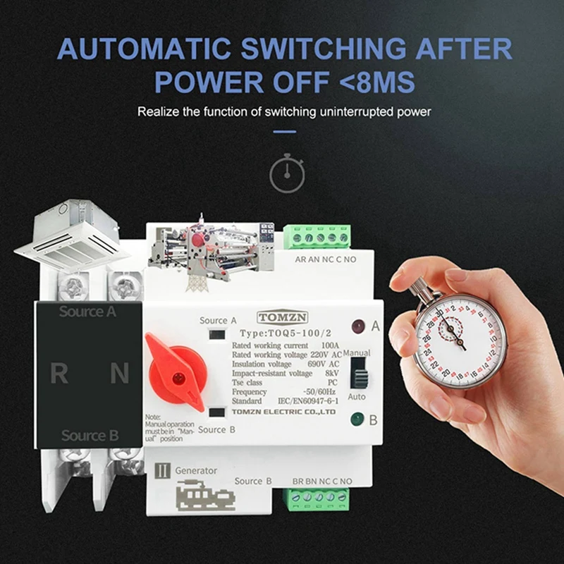 TOMZN-Commutateur de transfert automatique d'alimentation pour touristes, Sélecteurs électriques, Alimentation ininterrompue 63A, 3X Din Rail 2P ATS