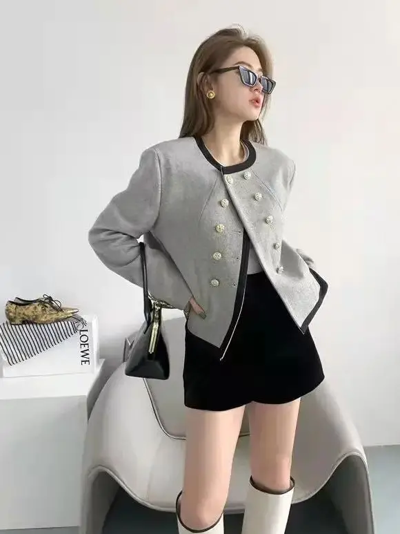 Short Coat Irregular Gray Women Elegant Cropped Woolen Coat Small Fragrance French High-End Coat Tops Vintage Casual Outerwear