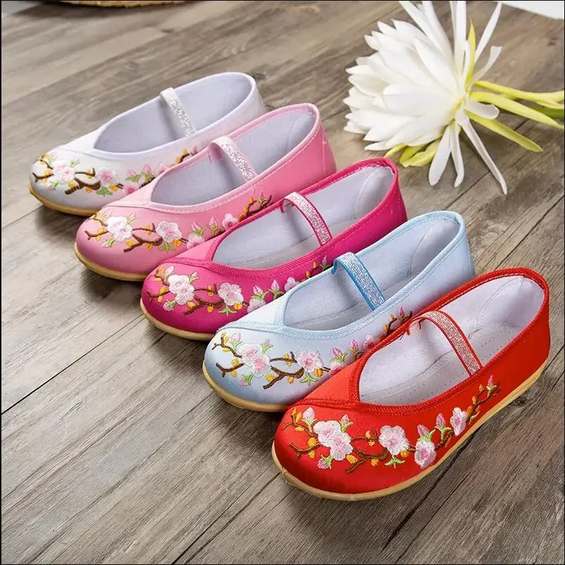 Ancient Chinese Style Flat Shoes Women Ethnic Flower Embroidery Ladies Hanfu Folk Dance Performance Fairy Cosplay Qing Dynasty