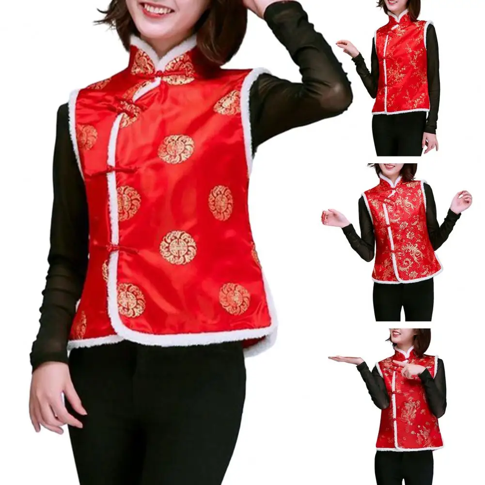 Women Waistcoat Festive Chinese New Year Women's Winter Vest Traditional Stand Collar Neck Protection Single-breasted Warmth