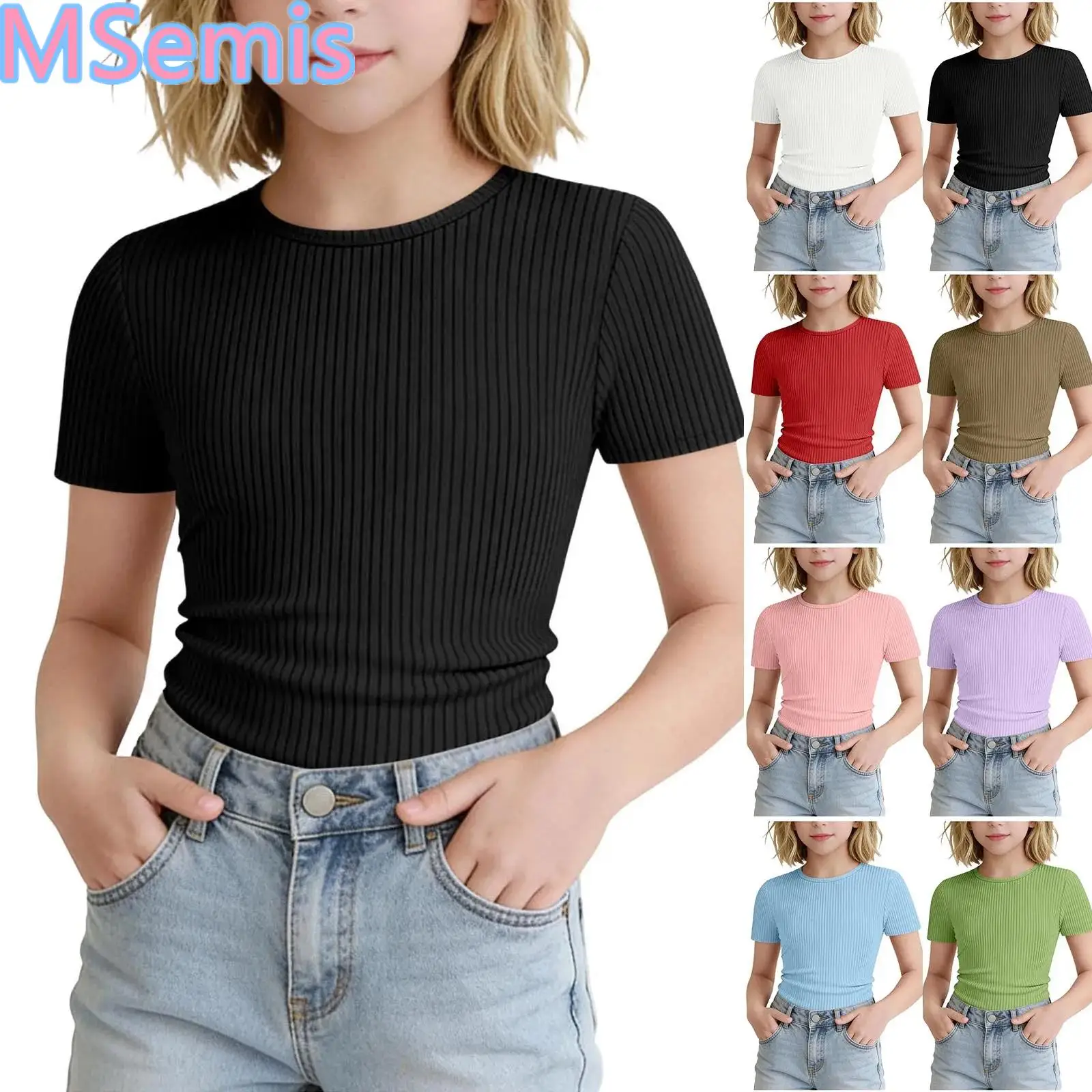 Kids Girls Summer Casual Ribbed T-shirt Top Round Neck Short Sleeve Solid Color Shirt Basic Tops for Daily Life Holiday Beach