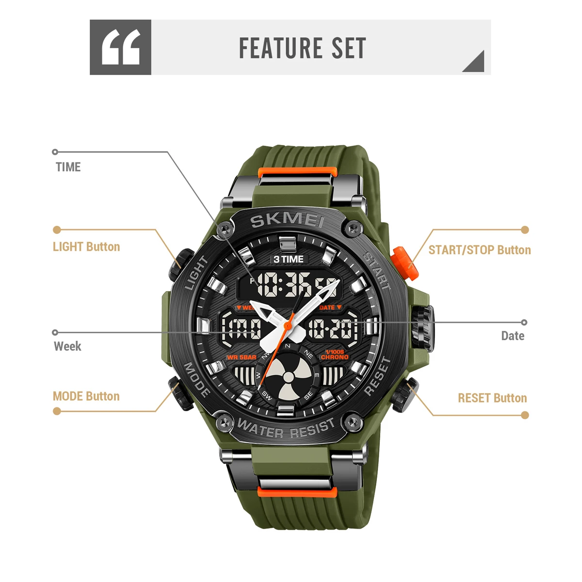 SKMEI Dual Display Sport Fashion Watch Mens Chrono Casual 5Bar Waterproof Digital Wristwatches CountDown Male Alarm Reloj Hombre