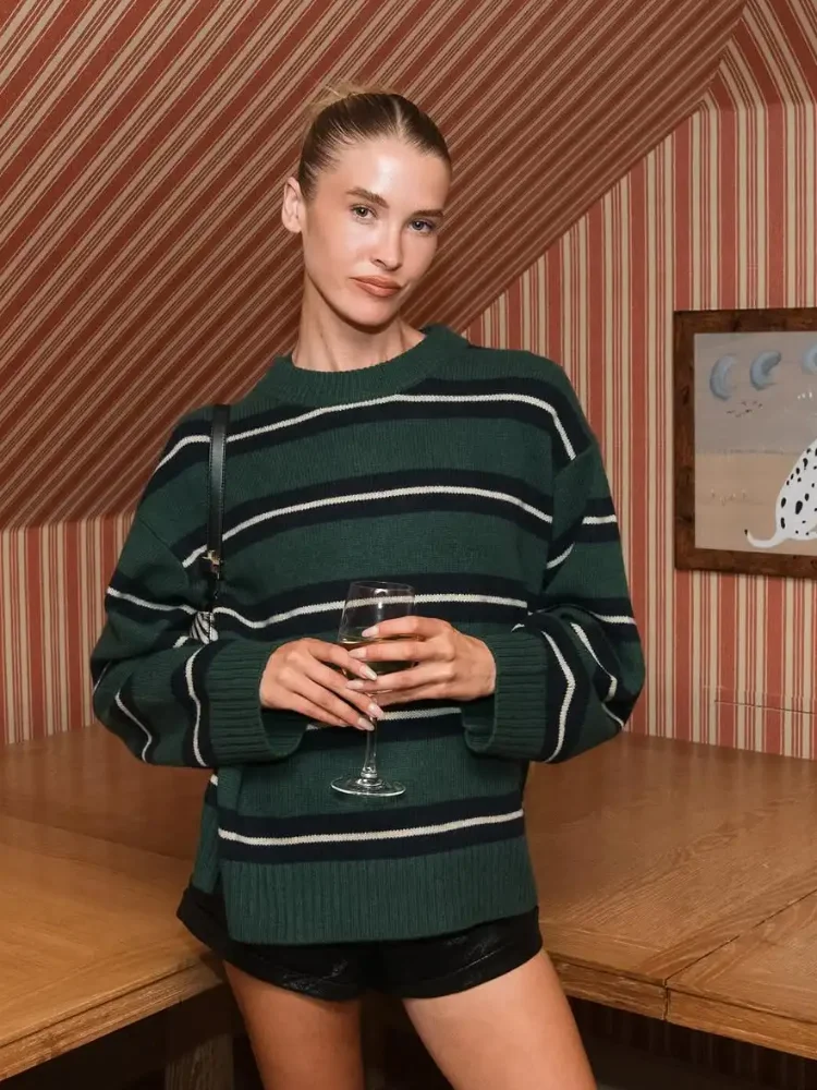 

Зеленый полосатый вязаный пуловер, женский шикарный свободный короткий свитер с круглым вырезом и длинными рукавами, женские осенние повседневные офисные пуловеры