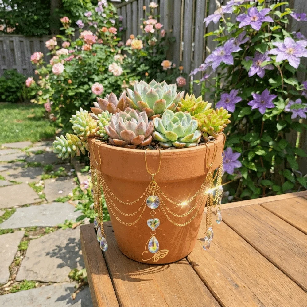 Colorful Flower Pot Crystal Sun Catcher Butterfly Design Reflective Crystal Beaded Plant Hanger Decorative Exquisite