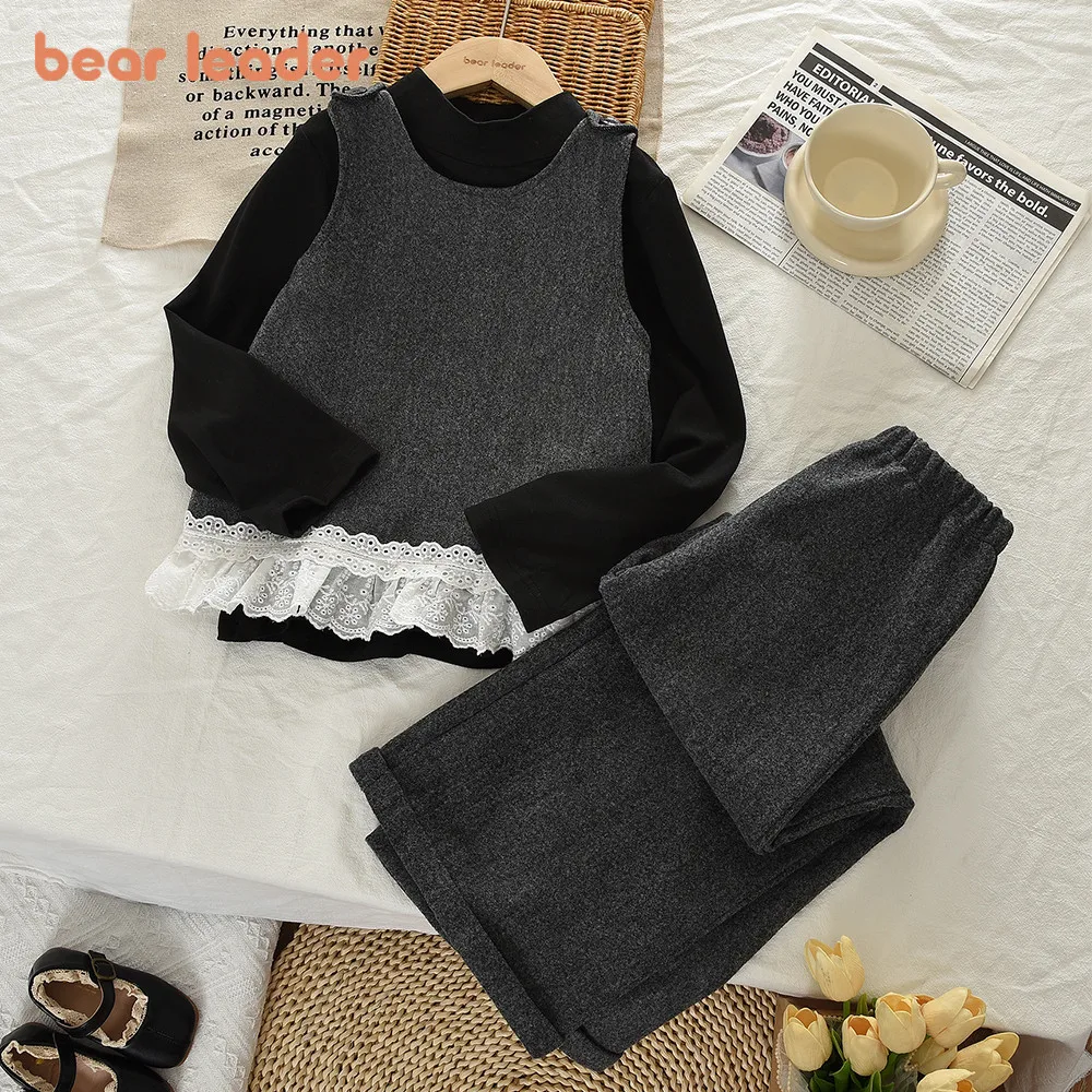 Bear Leader Autumn 8-12 Year Old Fashion Teen Girls Clothes Long Sleeve T-shirt Top+Lace Splicing Tank Top+Pants Three Piece Set