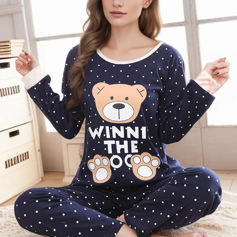 2PCS/Set Women Fashion Long-Sleeved Pajamas Autumn and Winter Cartoon Love Bear Nightwear Cute Soft Casual Sleepwear Homewear