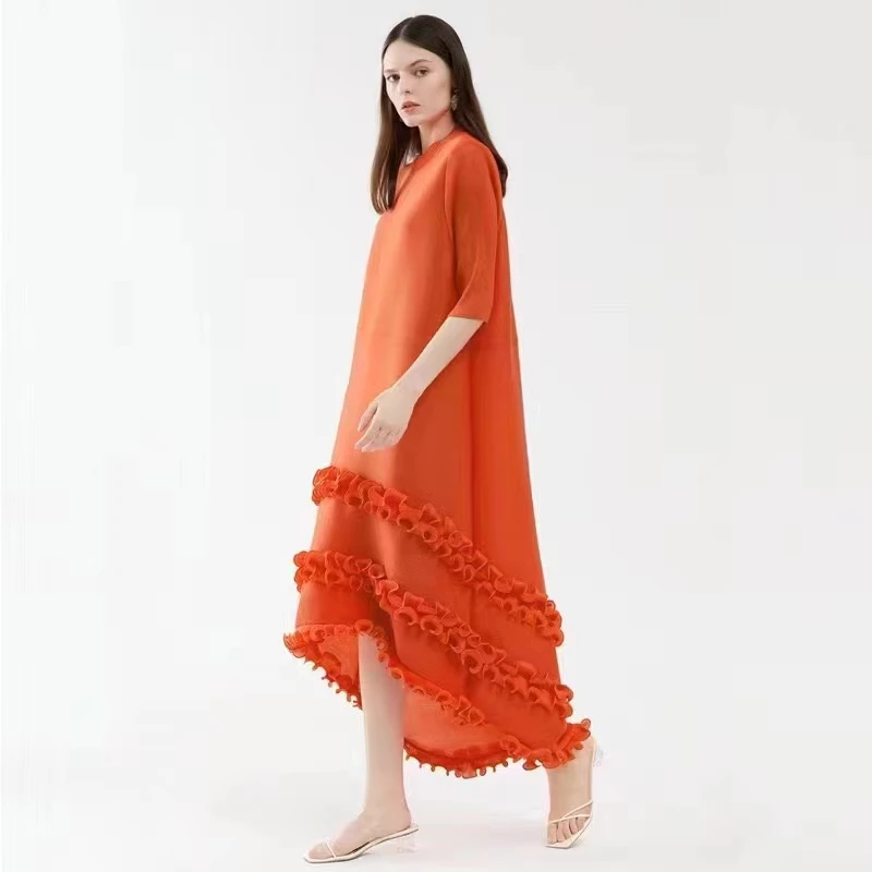 

HOT SELLING Miyake Fashion fold half sleeve solid Irregular ruffles dress IN STOCK