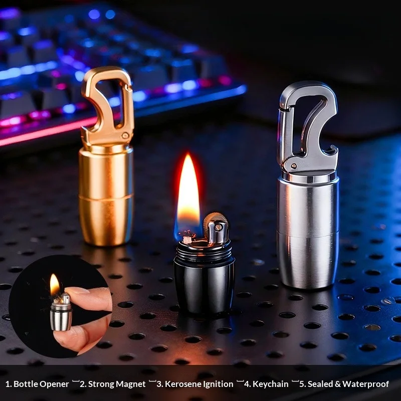 Mini Keychain Kerosine Lighter Waterproof Magnetic Tape Bottle Opener Multi functional Grinding Wheel Open Flame Pendant Lighter