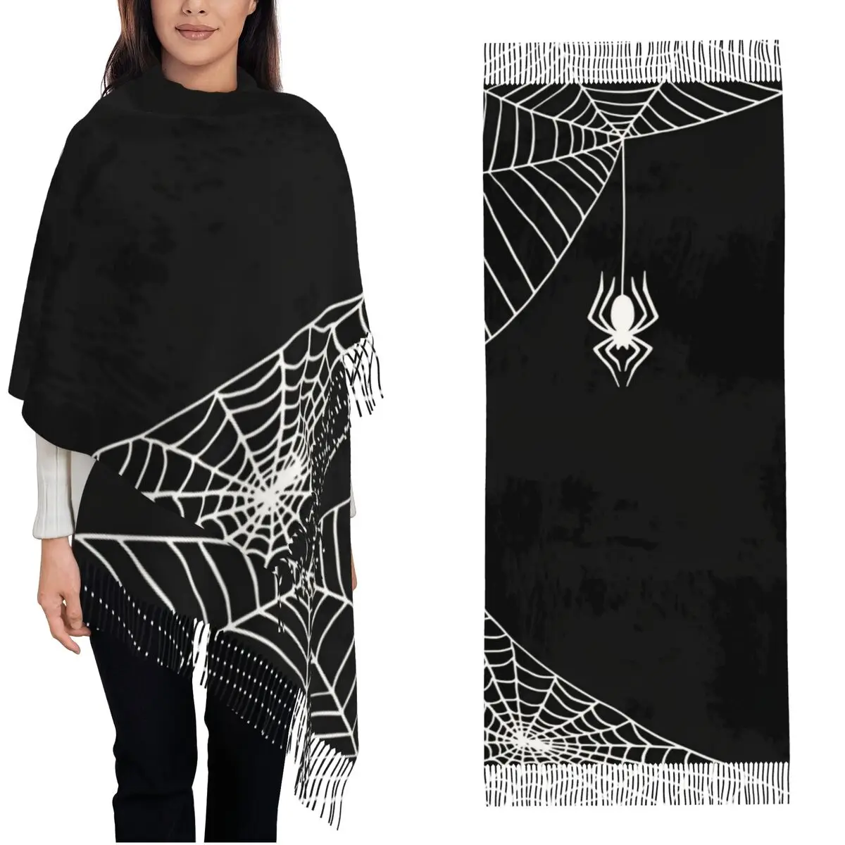 المرأة وشاح الدفء العناكب ويب صورة ظلية الأوشحة يلتف مع شرابة شالات الموضة ويلتف الشتاء مصمم باندانا