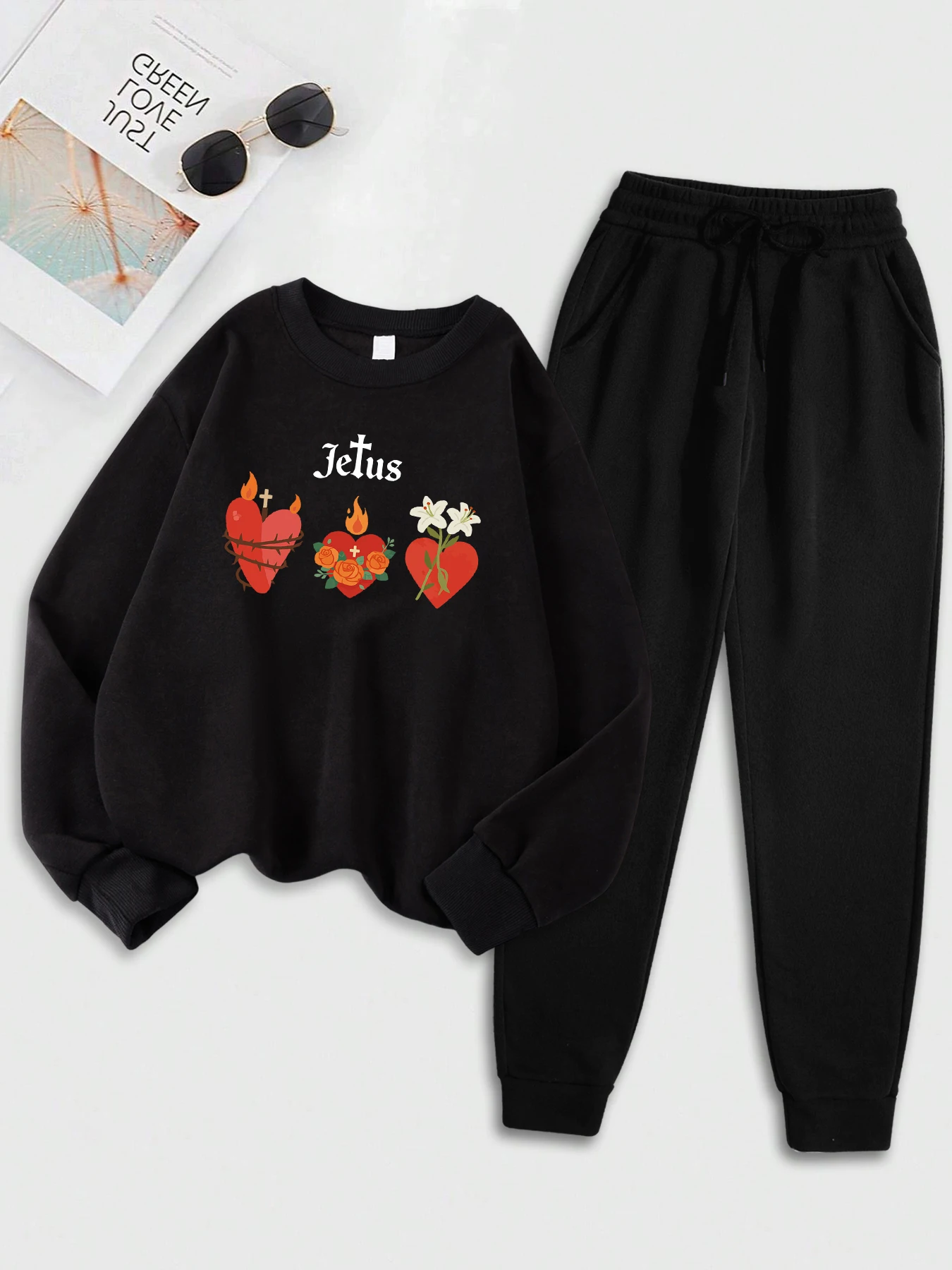 Conjunto de sudaderas con estampado de flores envueltas en forma de corazón para mujer, traje deportivo holgado, sudadera básica de moda, ropa suave y cálida