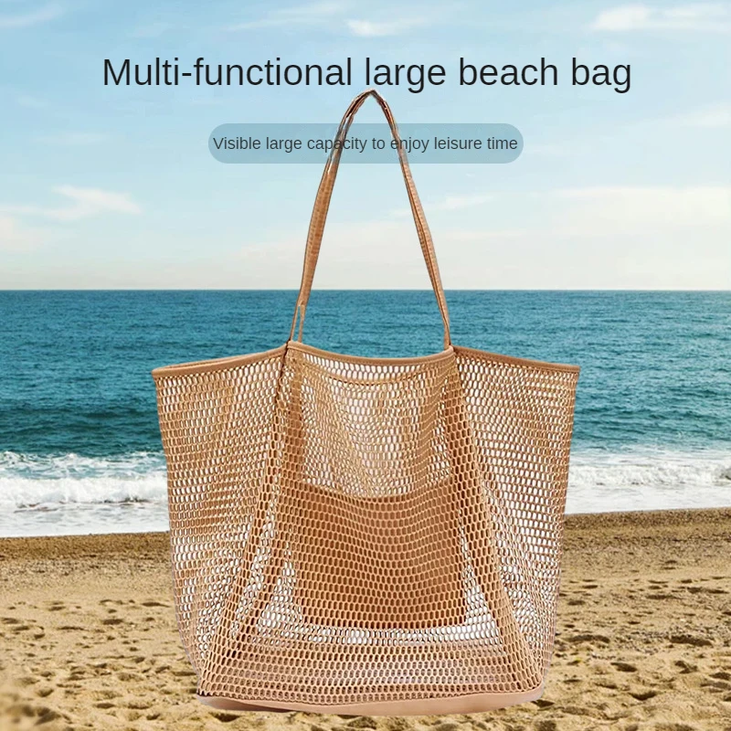 Portable Large Capacity Beach Bag Folding Business Travel Storage Bag Women Summer Outdoor Mezzanine Mesh Handbag