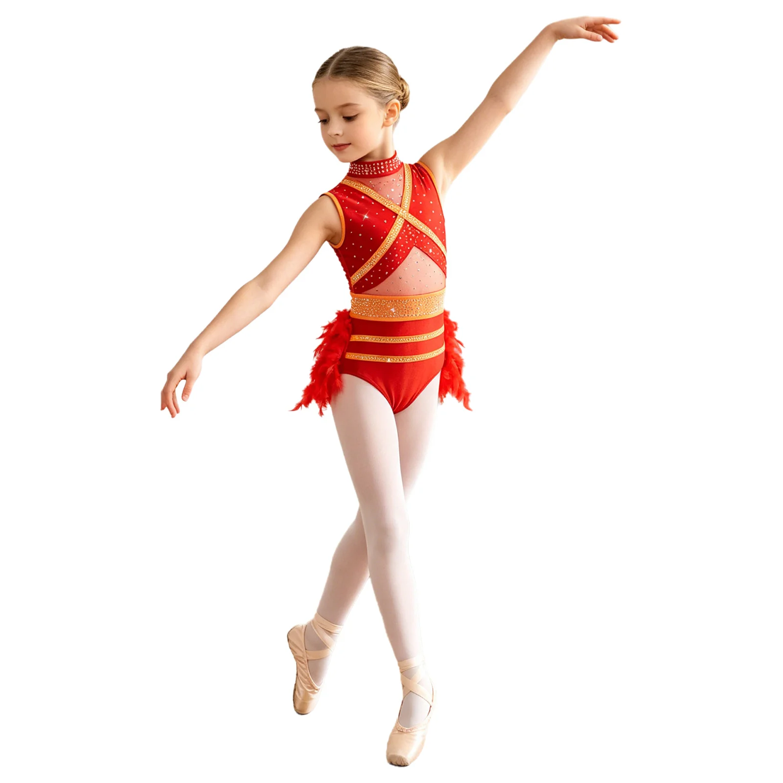 

Kids Girls Gymnastics Sparkling Feather Performance Ballet Jersey Jazz Dance Leotard Costume Feather Shiny Rhinestones Jumpsuit