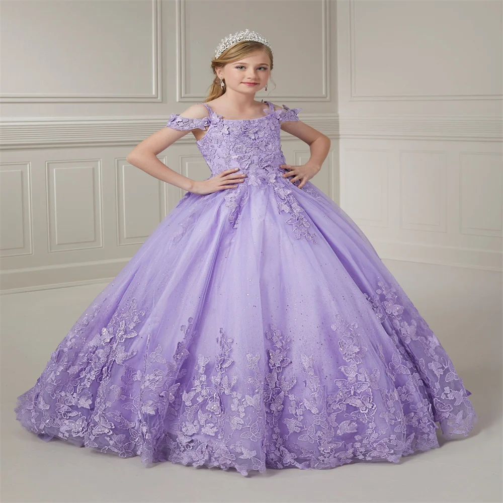 Flower Girl Dress Lilac Puffy Wedding Tulle With  Applique Thin Shoulder Strap Princess Dresses Kids Party Birthday Ball Gown