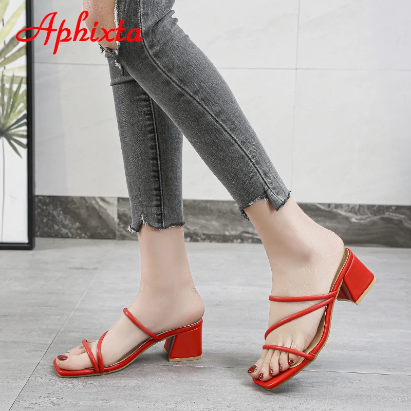 Aphixta 2022 New 4.5cm Red Low Square Heels Slides Women Simple Peep Toe Flip Flops Cool Summer Slippers Sandals Elegant Shoes