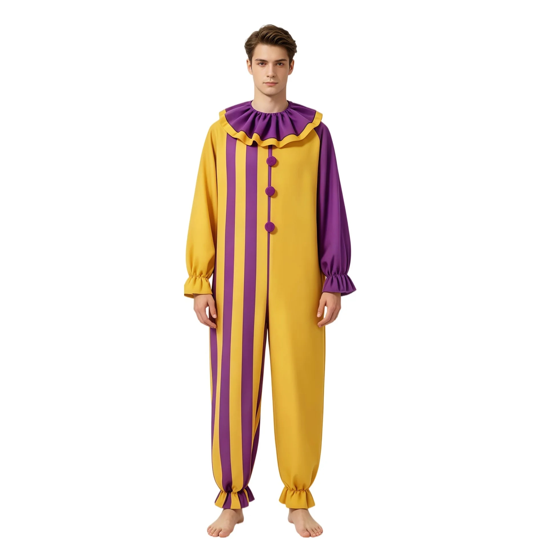 New yellow purple color blocked clown jumpsuit for adult Halloween clown stage performance cosplay costume clown costume