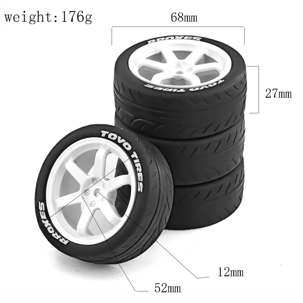 4PCS 68mm 1/10 RC Racing Car Tires on Road Touring Drift Car Tyre Wheel for TT01 TT02 XV01,White