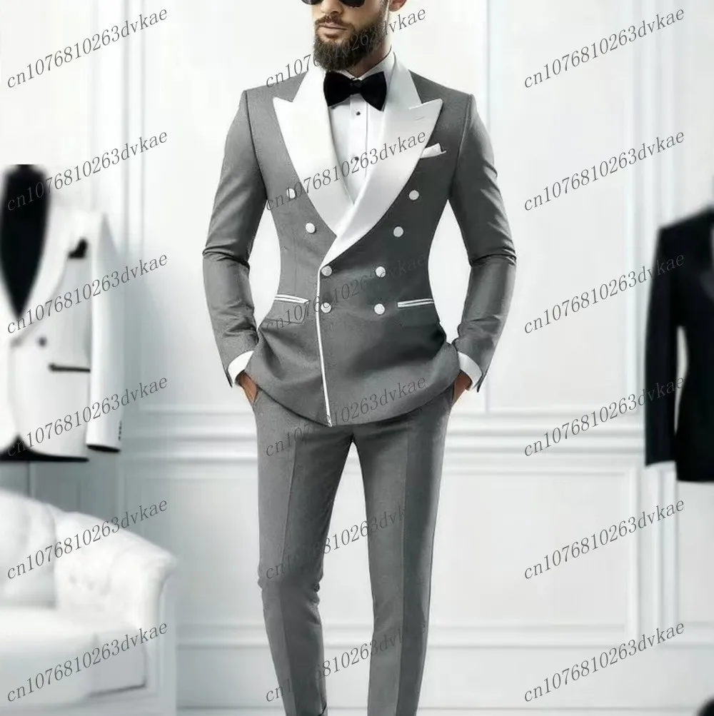 

Новый белый костюм с серыми лацканами для мужчин: свадебный, для выпускного, для жениха и шафера, для торжественных мероприятий, смокинг, комплект из 2 предметов (пиджак и брюки)