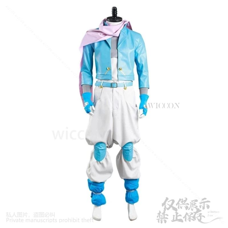อะนิเมะ Jo คอสเพลย์ S2 ผจญภัย Anthonio Zeppeli เครื่องแต่งกายสีฟ้า Pu เสื้อกางเกง Headwear ชุดวิกผมสําหรับฮาโลวีน Punk ชุดที่กําหนดเอง