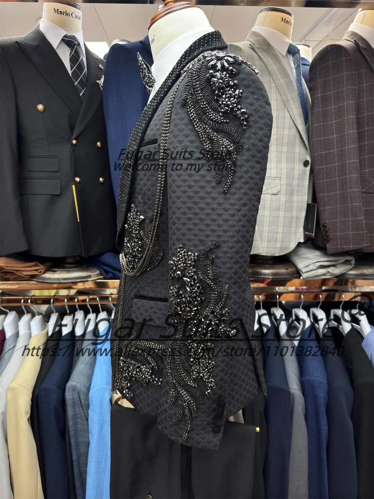 Luxuly Abiti da sposa per uomo Personalizzato Slim Fit Scialle Risvolto 3 pezzi Set Strass lucidi Blazer da ballo maschile Elegante Ropa Hombre