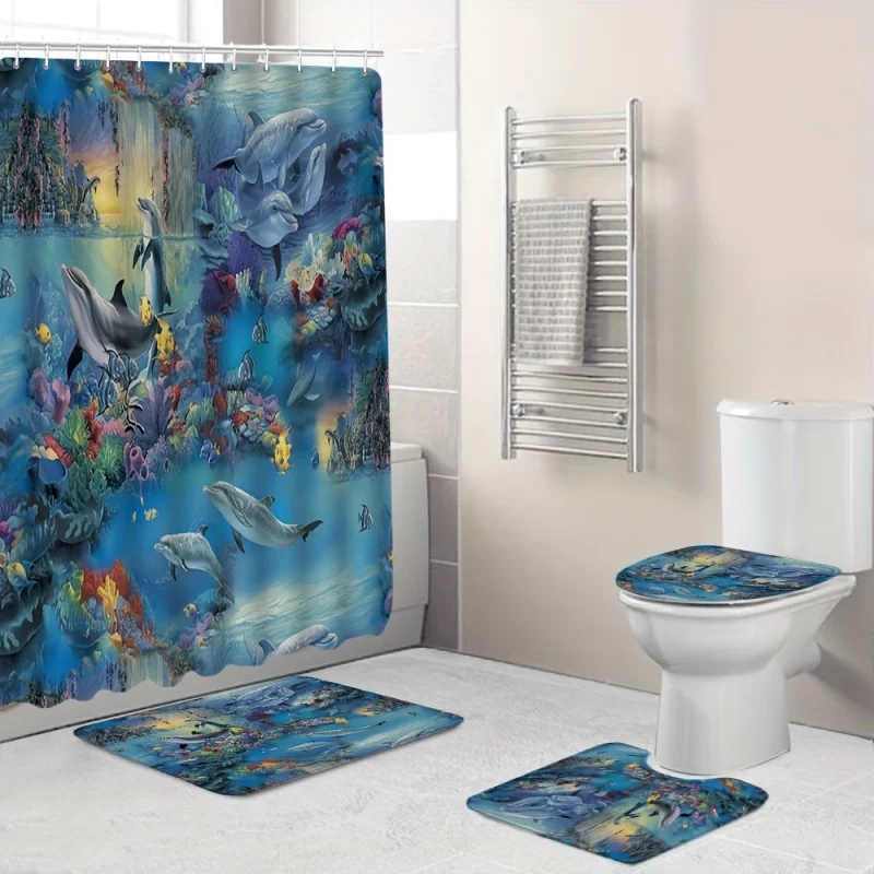 4pc Dolphin Pattern Bath Mat, Underwater World Print Rug, Non-Slip Carpet, Curtain, U-Shaped Contour Rug, Perfect For Bathroom S
