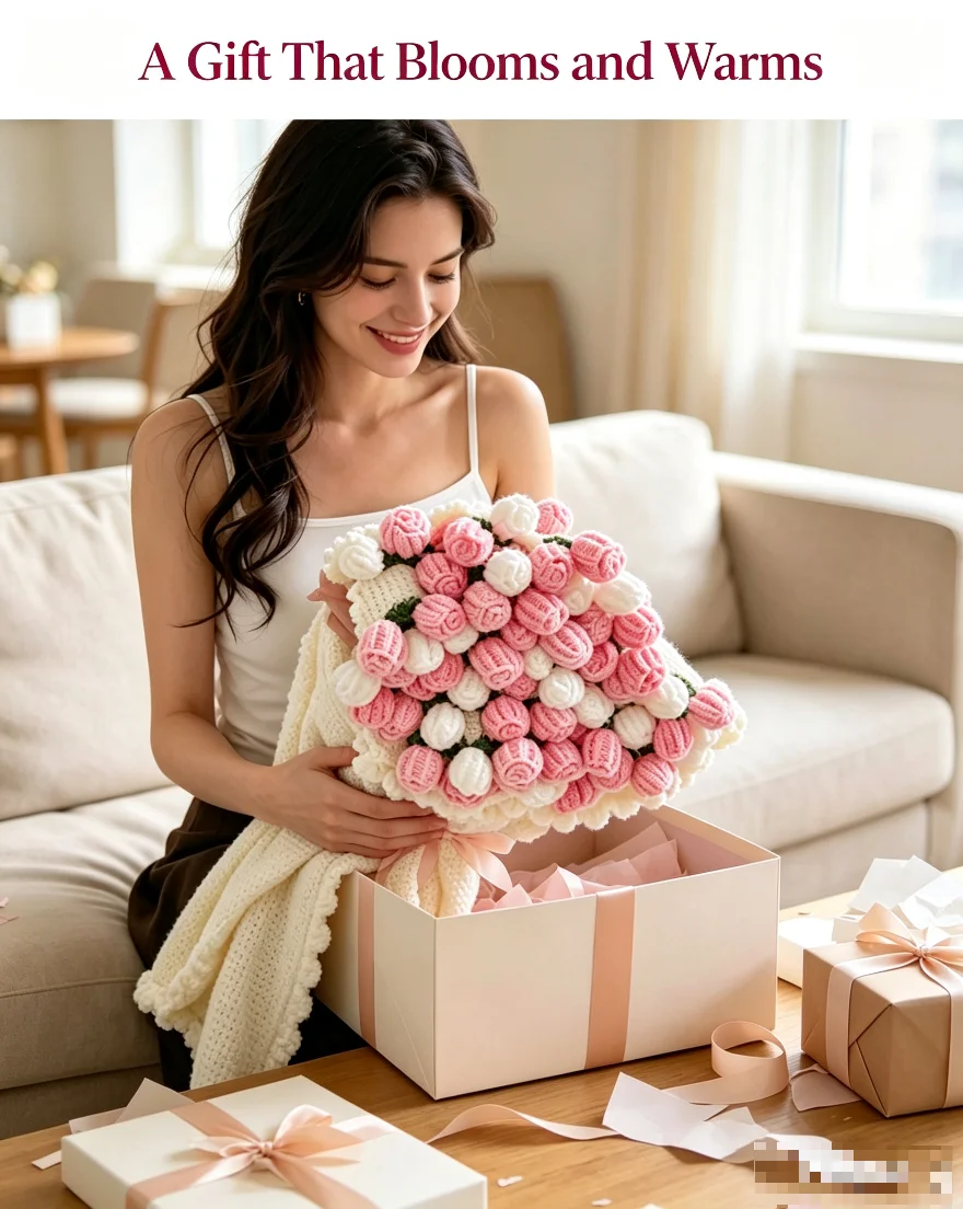 Rose Bouquet Blanket 1pc Handmade Crochet 2-in-1 Soft Floral Throw Blanket for Sofa Bed Valentine's Day Birthday Anniversary Gif