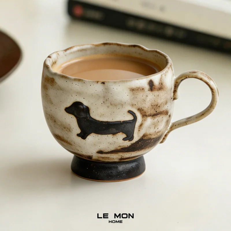 Japanese Retro Dachshund Ceramic Mug, Kiln-Transformed Stoneware Coffee Cup, Small Batch Wabi-Sabi Style Home/Office Drinking