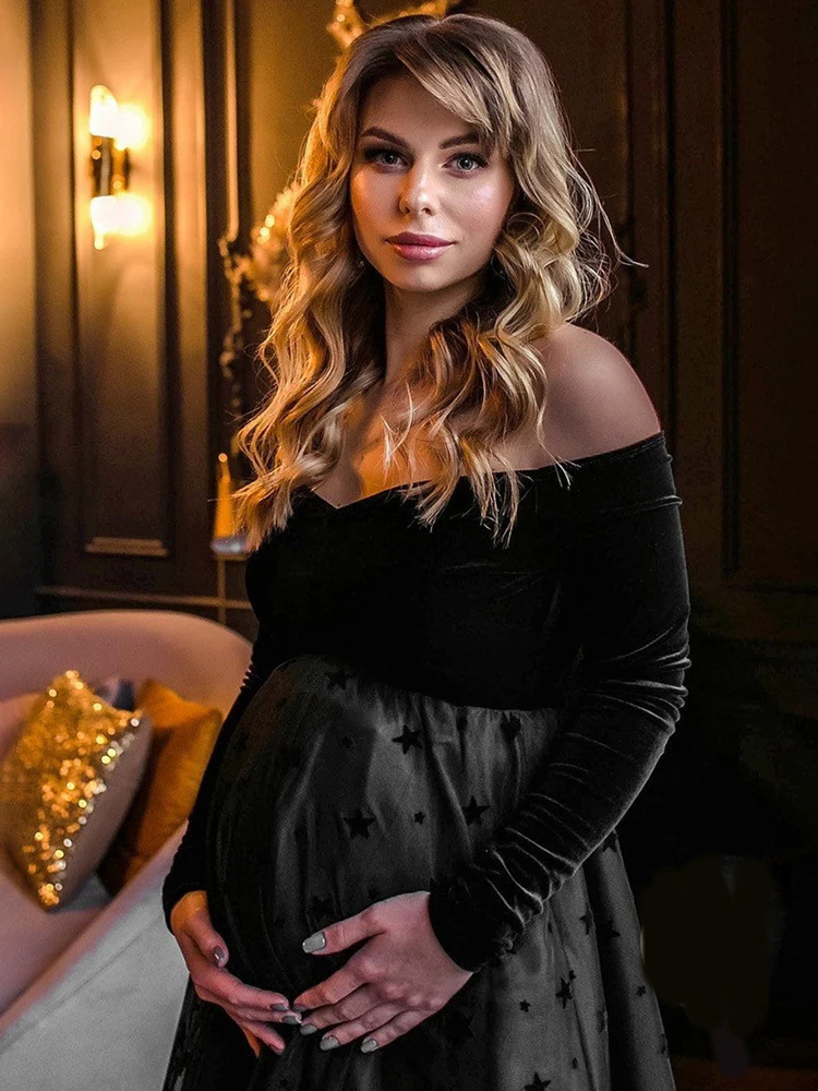 فستان حمل فاخر أسود مخملي لالتقاط الصور بدون أكتاف على شكل نجمة شبكية فستان ماكسي أنيق للحمل ملابس استحمام للأطفال #5
