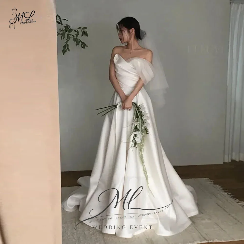 

Шёлковое атласное свадебное платье А-силуэта с одним рукавом и вырезом «сердечко» для фотосессии, длинное, элегантное, в корейском стиле (결혼식 드레스)